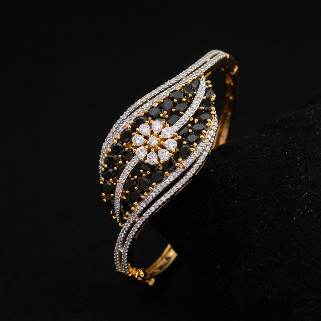 Eclipse Black AD Bracelet with black American Diamond AD stones in an elegant designer pattern, sophisticated statement bracelet for women by ENAVA.