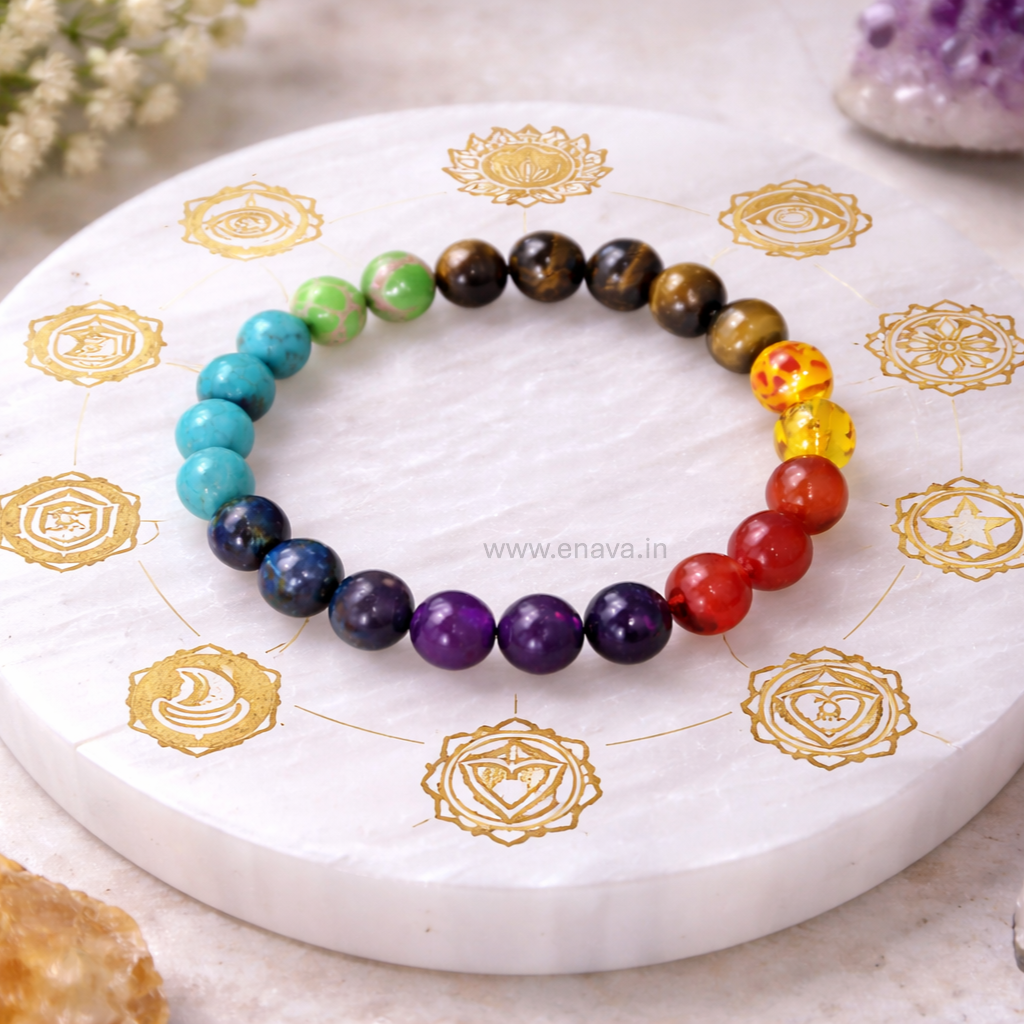 7 Chakra 8mm Healing Crystal Beads Bracelet for Reiki, Meditation, and Anxiety Relief | Amethyst, Lapis Lazuli, Sodalite, Green Aventurine, Tiger Eye, Carnelian, and Red Jasper by Enava Gems Bracelet Enava Jewels.
