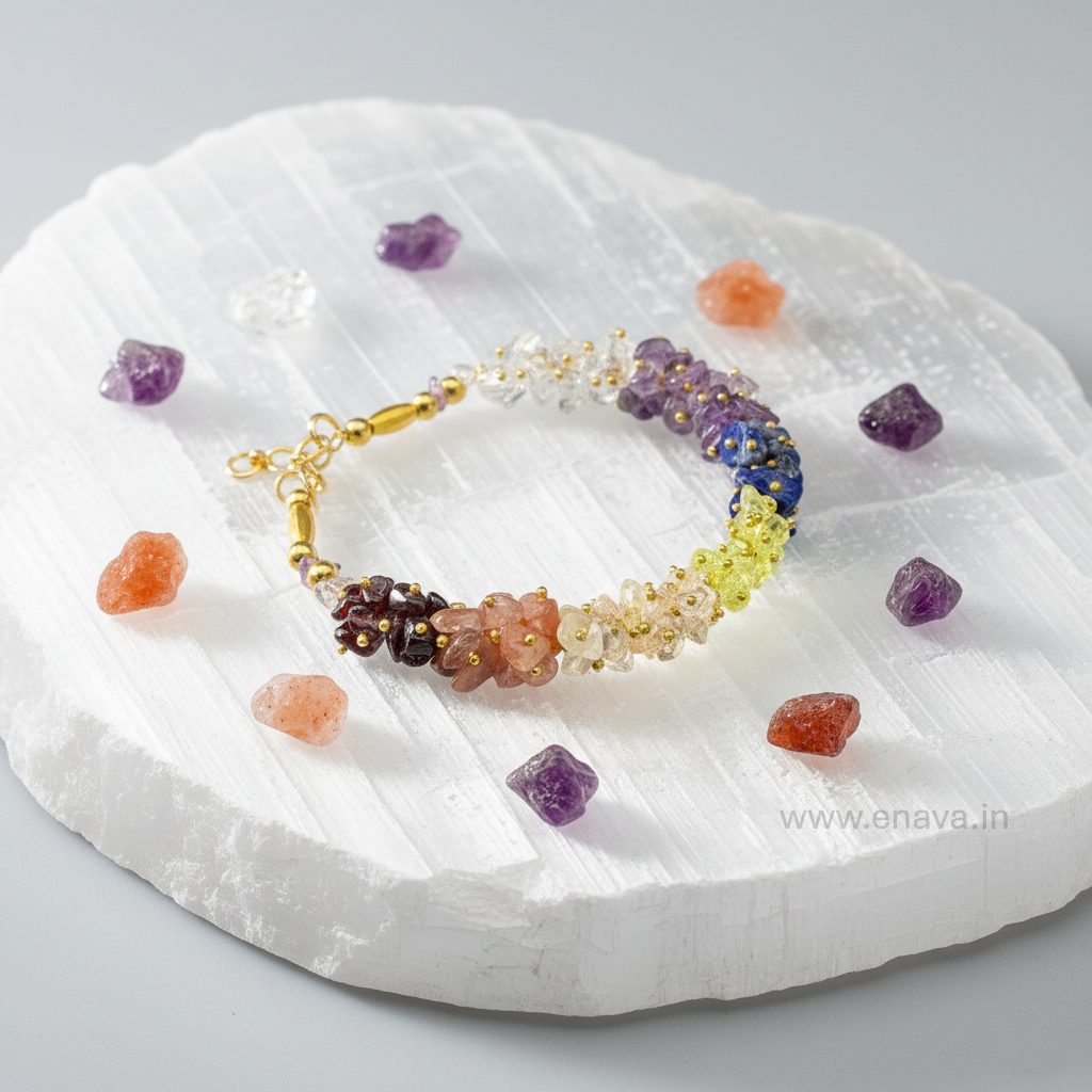 7 Chakra Chips Bracelet | Healing Crystal Chips for Reiki, Meditation, and Anxiety Relief | Amethyst, Lapis Lazuli, Sodalite, Green Aventurine, Tiger Eye, Carnelian, and Red Jasper by Enava Gems Bracelet Enava Jewels.