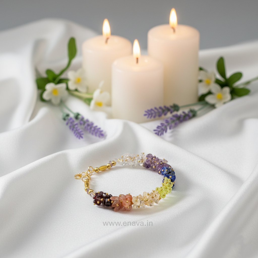 7 Chakra Chips Bracelet | Healing Crystal Chips for Reiki, Meditation, and Anxiety Relief | Amethyst, Lapis Lazuli, Sodalite, Green Aventurine, Tiger Eye, Carnelian, and Red Jasper by Enava Gems Bracelet Enava Jewels.