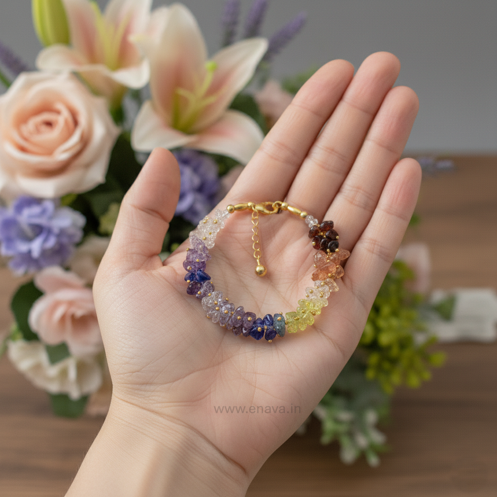 7 Chakra Chips Bracelet | Healing Crystal Chips for Reiki, Meditation, and Anxiety Relief | Amethyst, Lapis Lazuli, Sodalite, Green Aventurine, Tiger Eye, Carnelian, and Red Jasper by Enava Gems Bracelet Enava Jewels.