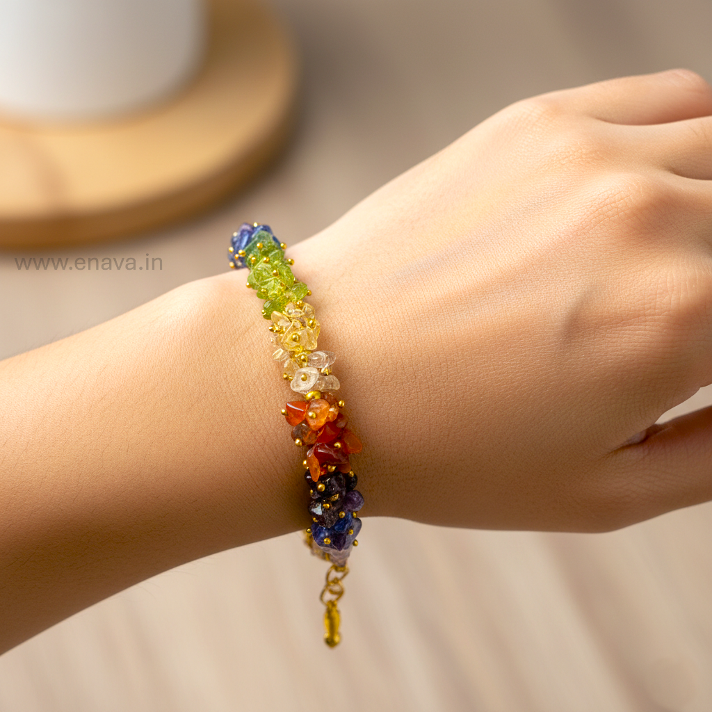7 Chakra Chips Bracelet | Healing Crystal Chips for Reiki, Meditation, and Anxiety Relief | Amethyst, Lapis Lazuli, Sodalite, Green Aventurine, Tiger Eye, Carnelian, and Red Jasper by Enava Gems Bracelet Enava Jewels.