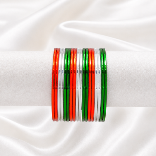 Eternal Tiranga Glossy Metal Bangles by Enava featuring a premium set of 24 glossy aluminum bangles in saffron, white, and green tricolor combination for Independence Day celebrations, patriotic events, cultural programs, festive occasions, and traditional ethnic wear.