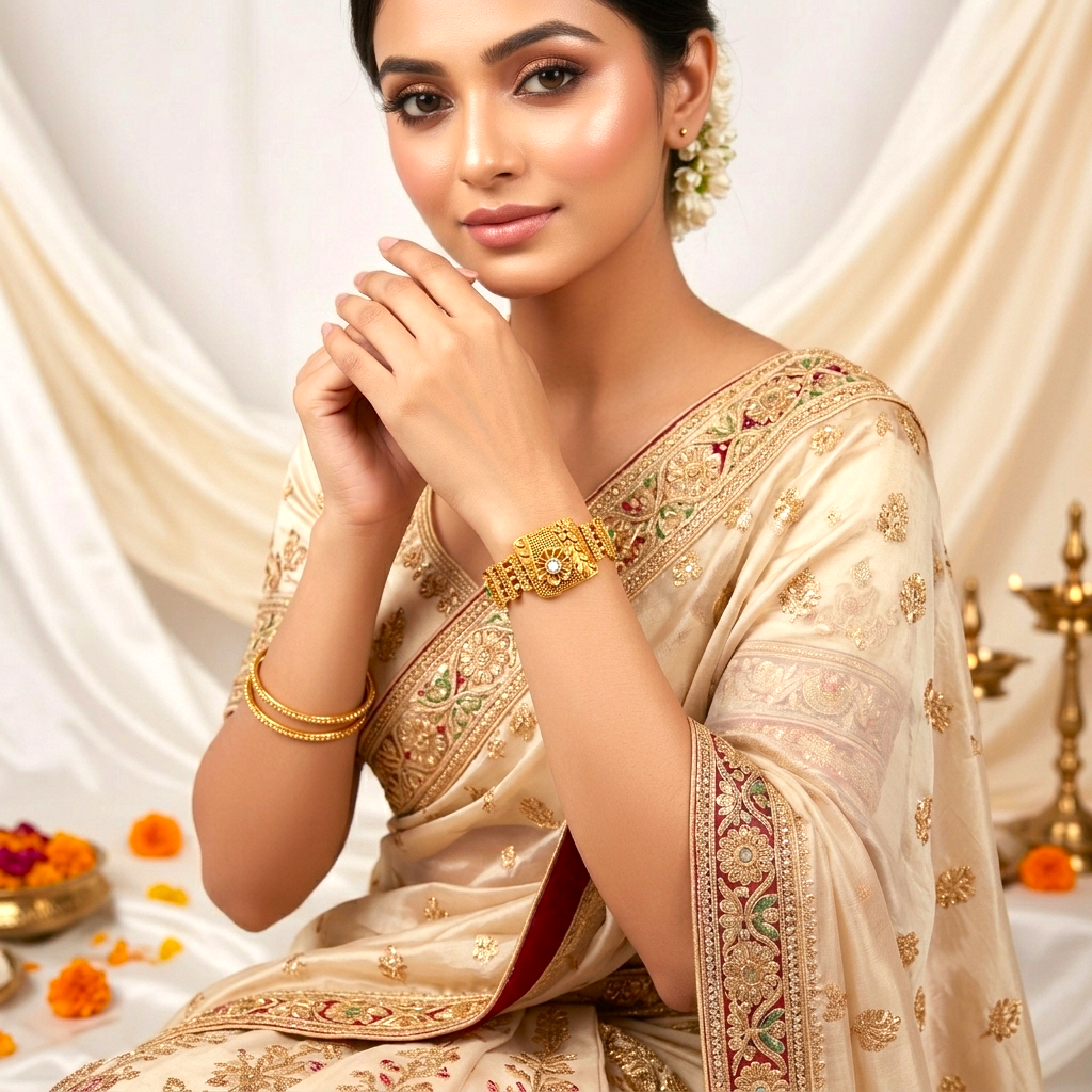 Floral Petals Ethnic & Traditional Rajwadi Antique Bracelet by ENAVA featuring intricate floral motifs, antique gold finish, colourful stone accents, and traditional Rajwadi craftsmanship, elegant ethnic bracelet for weddings, festivals, Mehendi, Haldi, and special occasions.