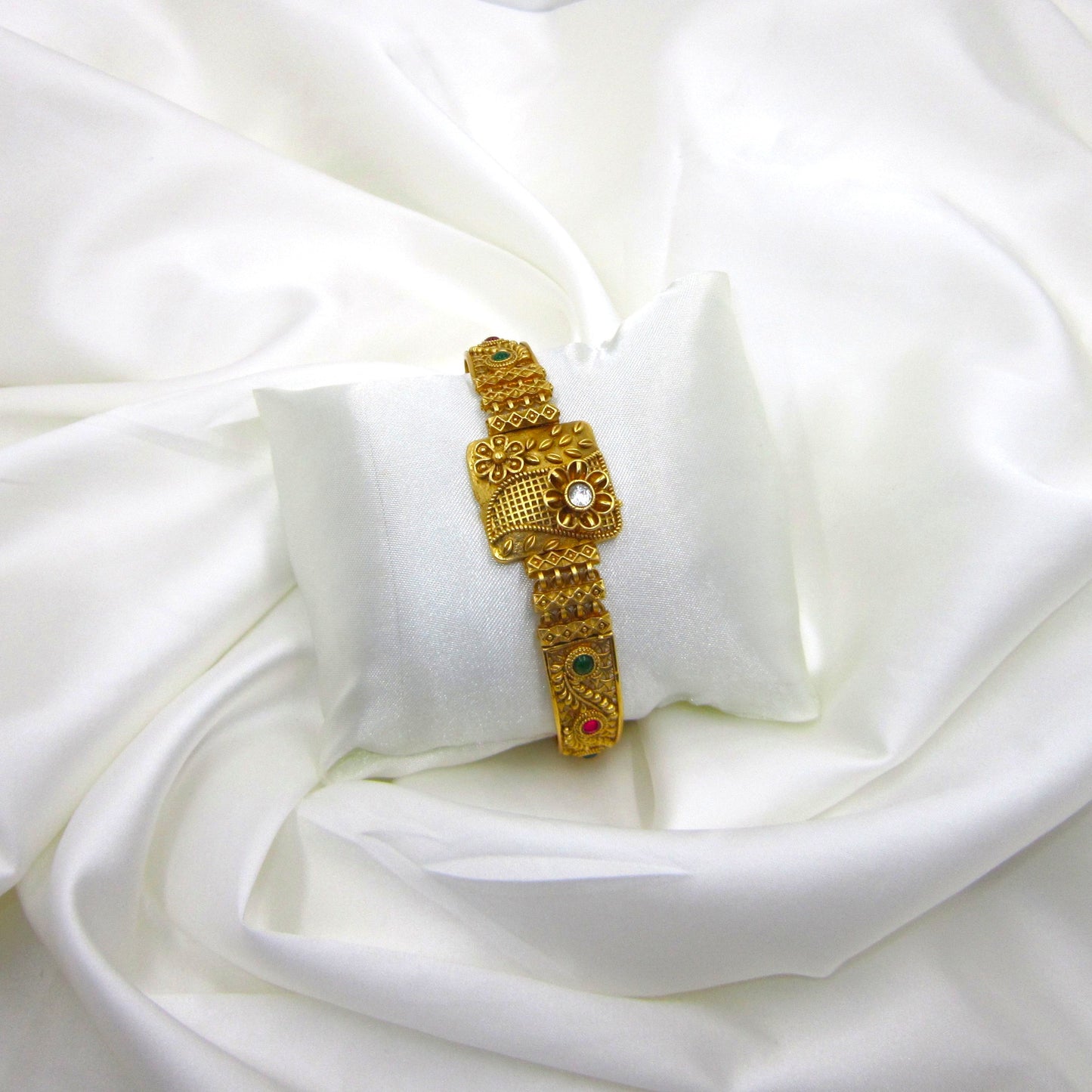 Floral Petals Ethnic & Traditional Rajwadi Antique Bracelet by ENAVA featuring intricate floral motifs, antique gold finish, colourful stone accents, and traditional Rajwadi craftsmanship, elegant ethnic bracelet for weddings, festivals, Mehendi, Haldi, and special occasions.