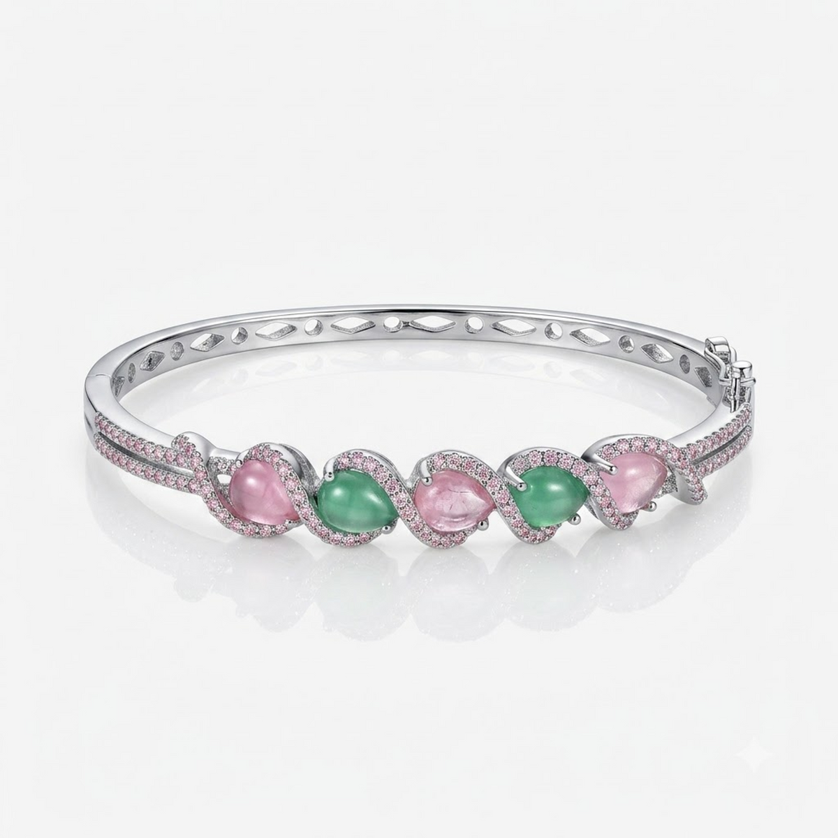 Gemelle Pink & Oceanic Blue Bracelet with light pink and oceanic blue-green AD stones, silver-tone designer bracelet for women by ENAVA.