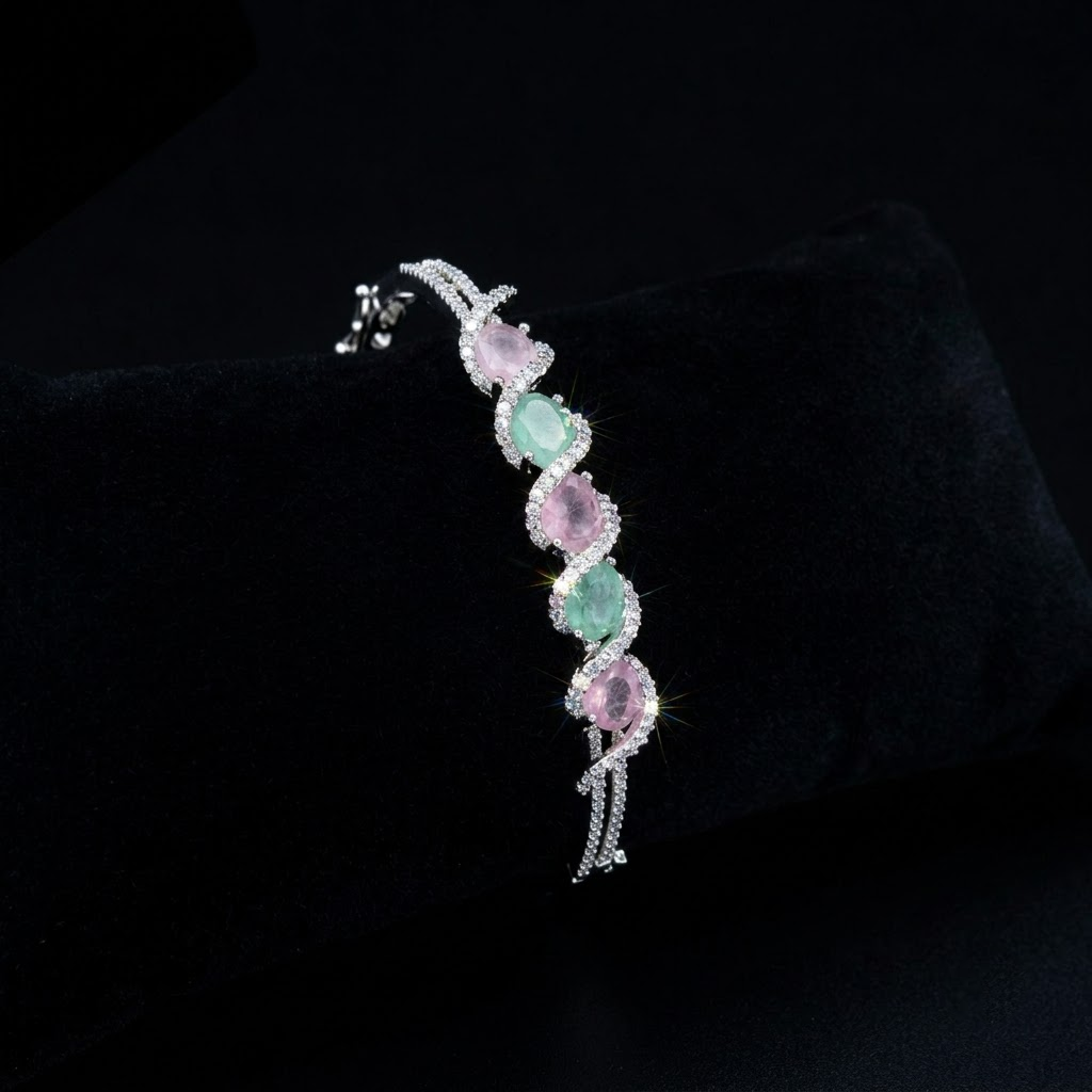 Gemelle Pink & Oceanic Blue Bracelet with light pink and oceanic blue-green AD stones, silver-tone designer bracelet for women by ENAVA.