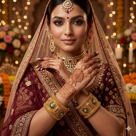 Rajwadi Padmavati Green Emerald Heritage Kundan Kada Bangles by Enava
