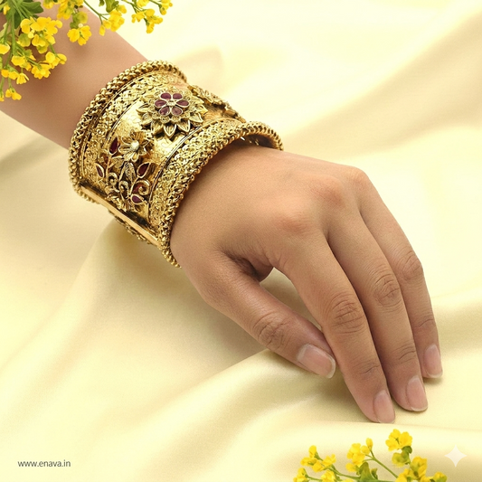 Rajwadi Floral Ruby Heritage Kada Bangles by Enava