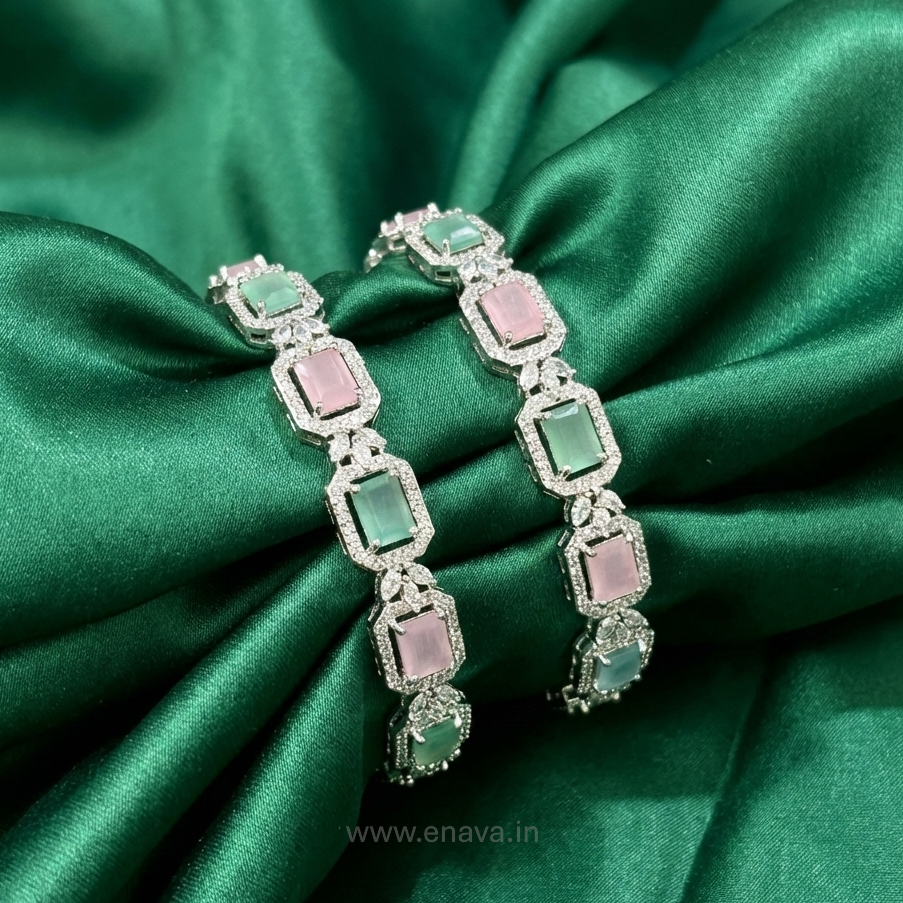 Mint Pink Riva CZ Stone Bangles with Rhodium Plating ADBG11003 by Enava