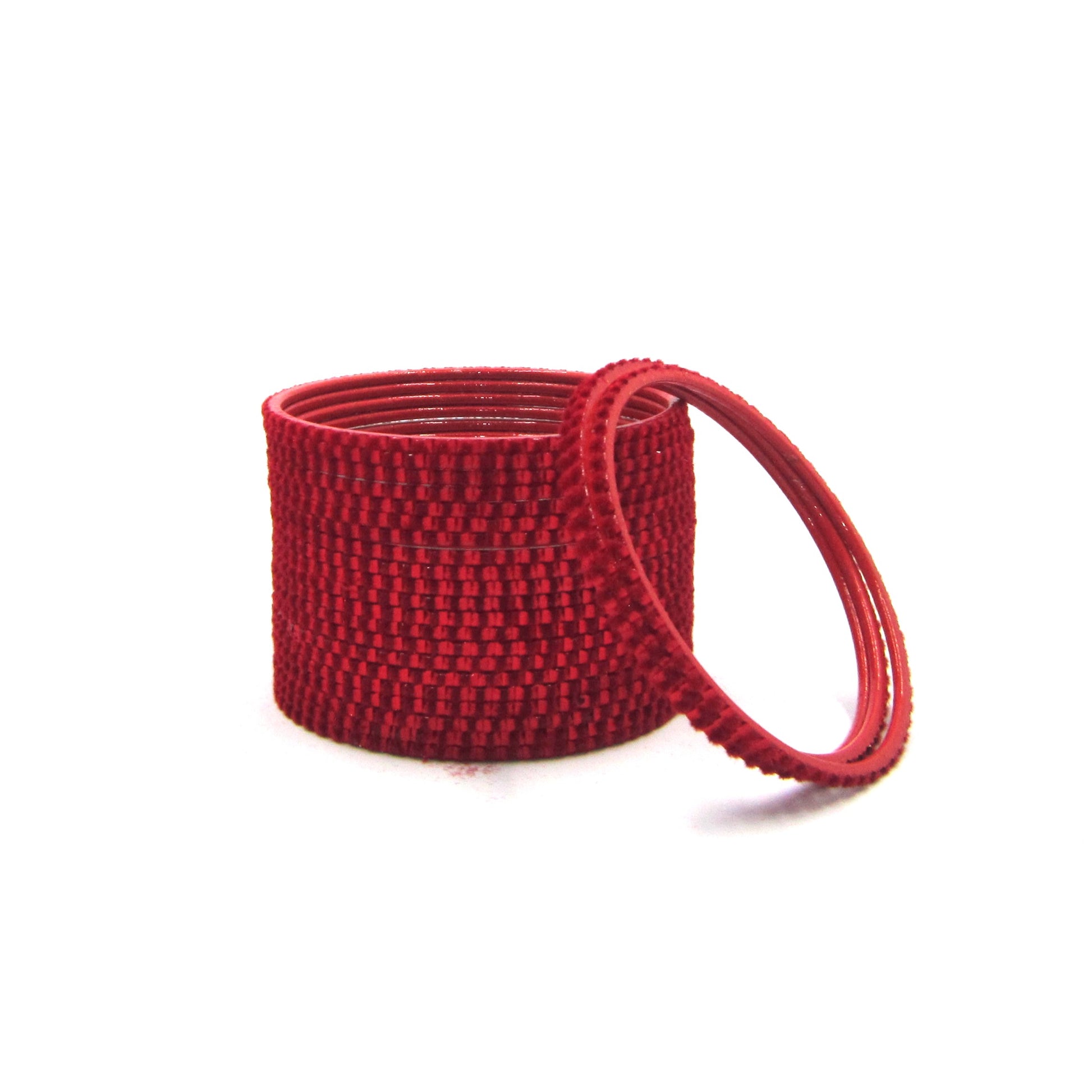 Glam Red Metal 24 Bangles by ENAVA featuring a luxurious velvet and glossy finish. Premium Plain Designer Metal Bangles for women, ideal for weddings, bridal occasions, festive celebrations, parties, and everyday styling.