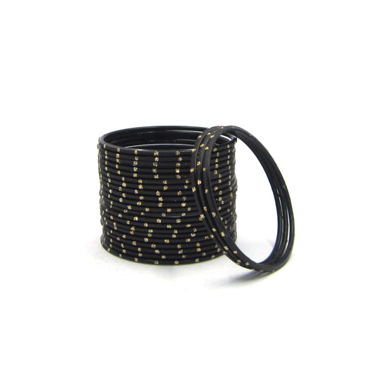 Glitter Black Metal 24 Bangles by ENAVA – Black Plain Designer Aluminum Bangles Set with Glitter Detailing and Smooth Finish, Elegant Traditional Fashion Bangles for Women, 24 Bangles Pack