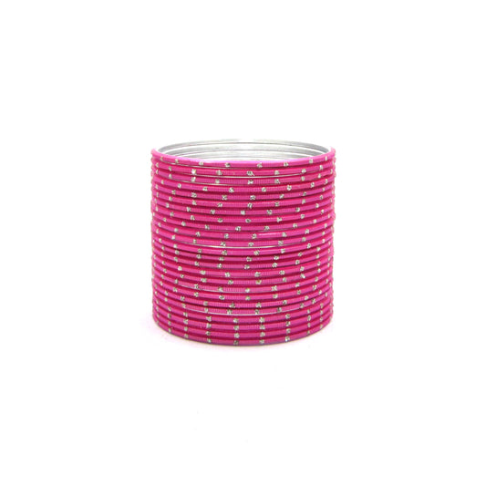 Glitter Gajari Metal 24 Bangles by ENAVA – Gajari Pink Plain Designer Aluminum Bangles Set with Glitter Detailing and Smooth Finish, Traditional Festive Bangles for Women, 24 Bangles Pack