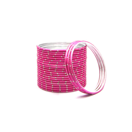 Glitter Gajari Metal 24 Bangles by ENAVA – Gajari Pink Plain Designer Aluminum Bangles Set with Glitter Detailing and Smooth Finish, Traditional Festive Bangles for Women, 24 Bangles Pack