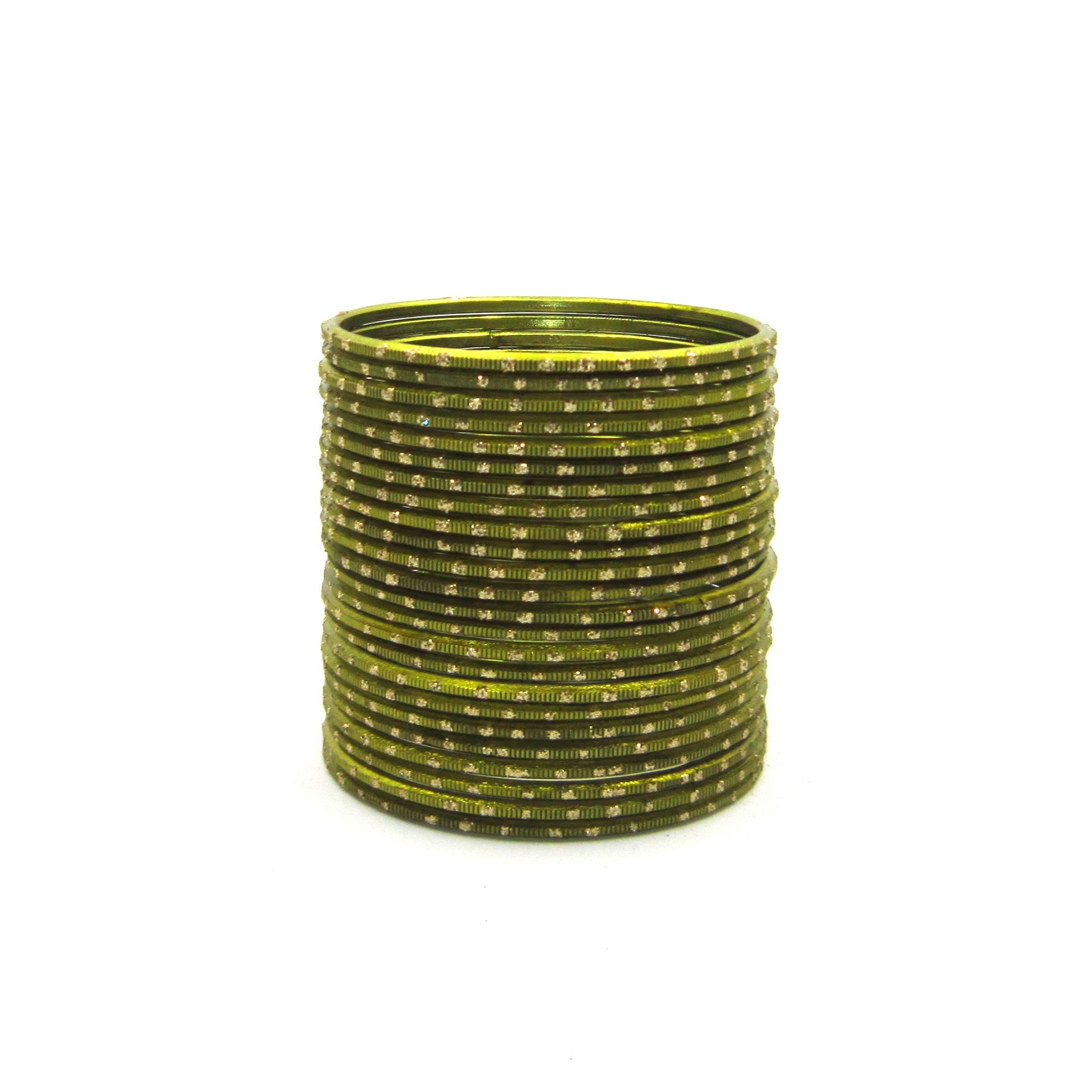 Glitter Mehendi Metal 24 Bangles by ENAVA – Mehendi Green Plain Designer Aluminum Bangles Set with Glitter Detailing and Smooth Finish, Traditional Festive Bangles for Women, 24 Bangles Pack