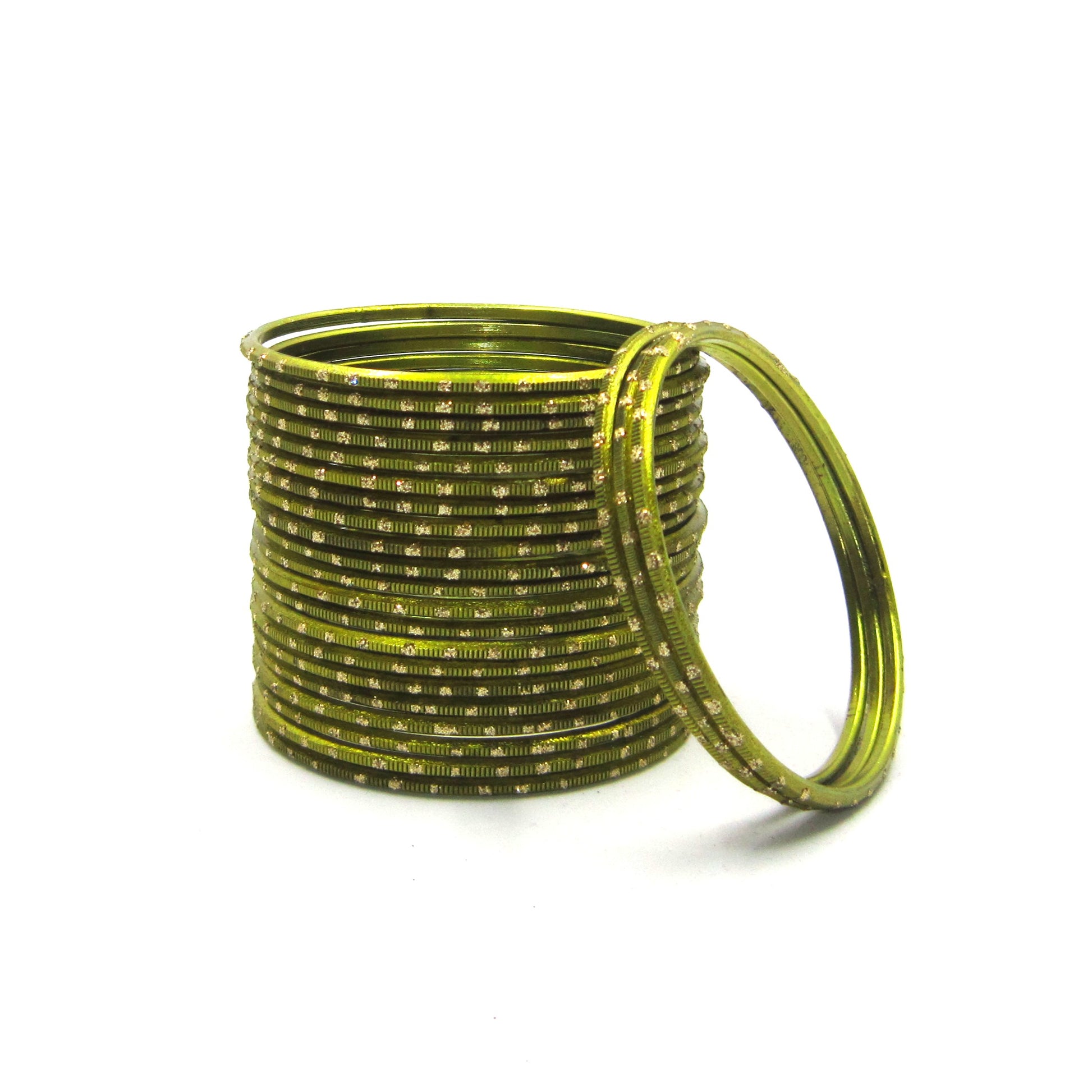 Glitter Mehendi Metal 24 Bangles by ENAVA – Mehendi Green Plain Designer Aluminum Bangles Set with Glitter Detailing and Smooth Finish, Traditional Festive Bangles for Women, 24 Bangles Pack
