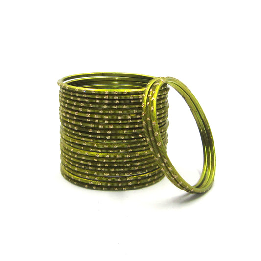 Glitter Mehendi Metal 24 Bangles by ENAVA – Mehendi Green Plain Designer Aluminum Bangles Set with Glitter Detailing and Smooth Finish, Traditional Festive Bangles for Women, 24 Bangles Pack
