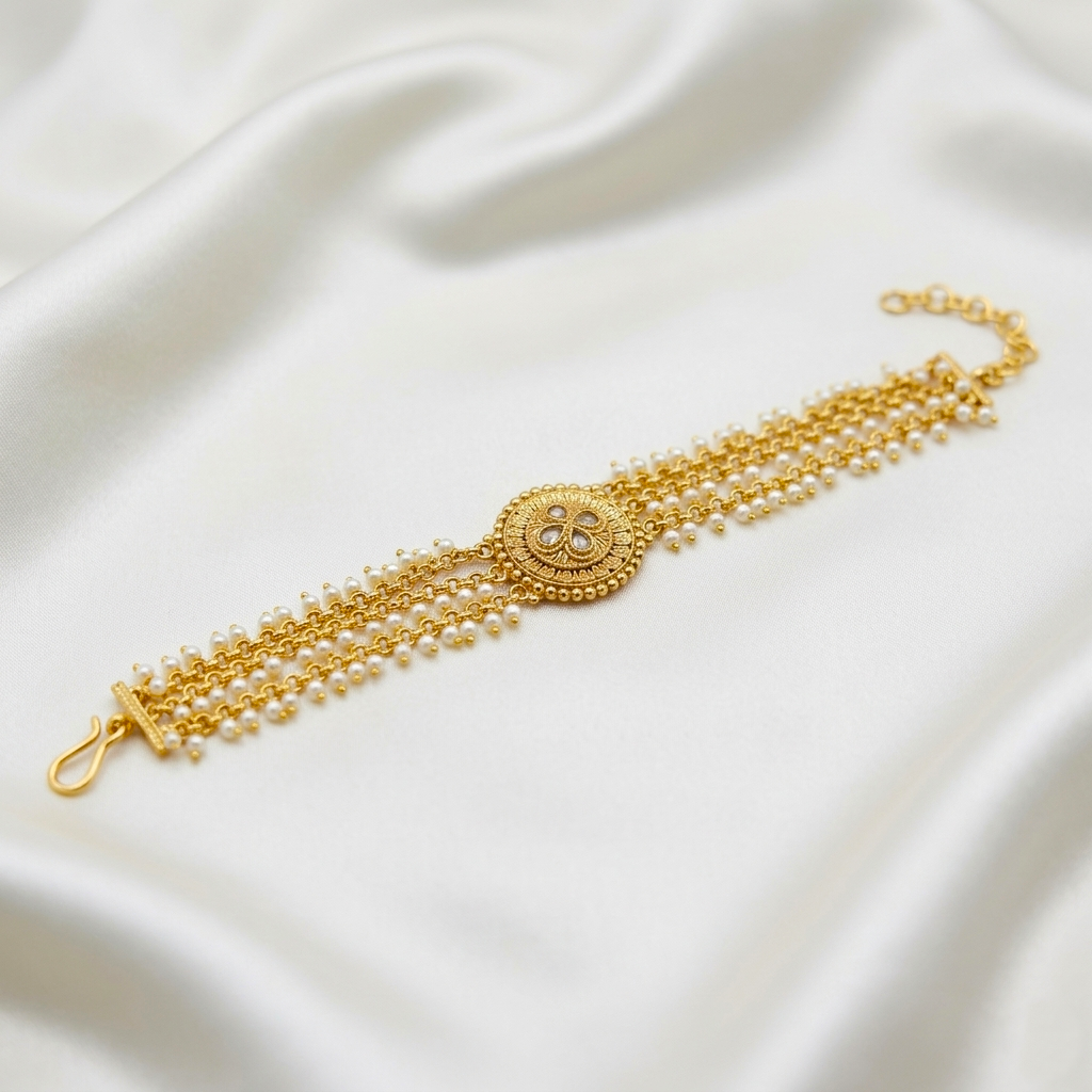 Golden Antique Pearl Adjustable Bracelet with Gold Plating by Enava