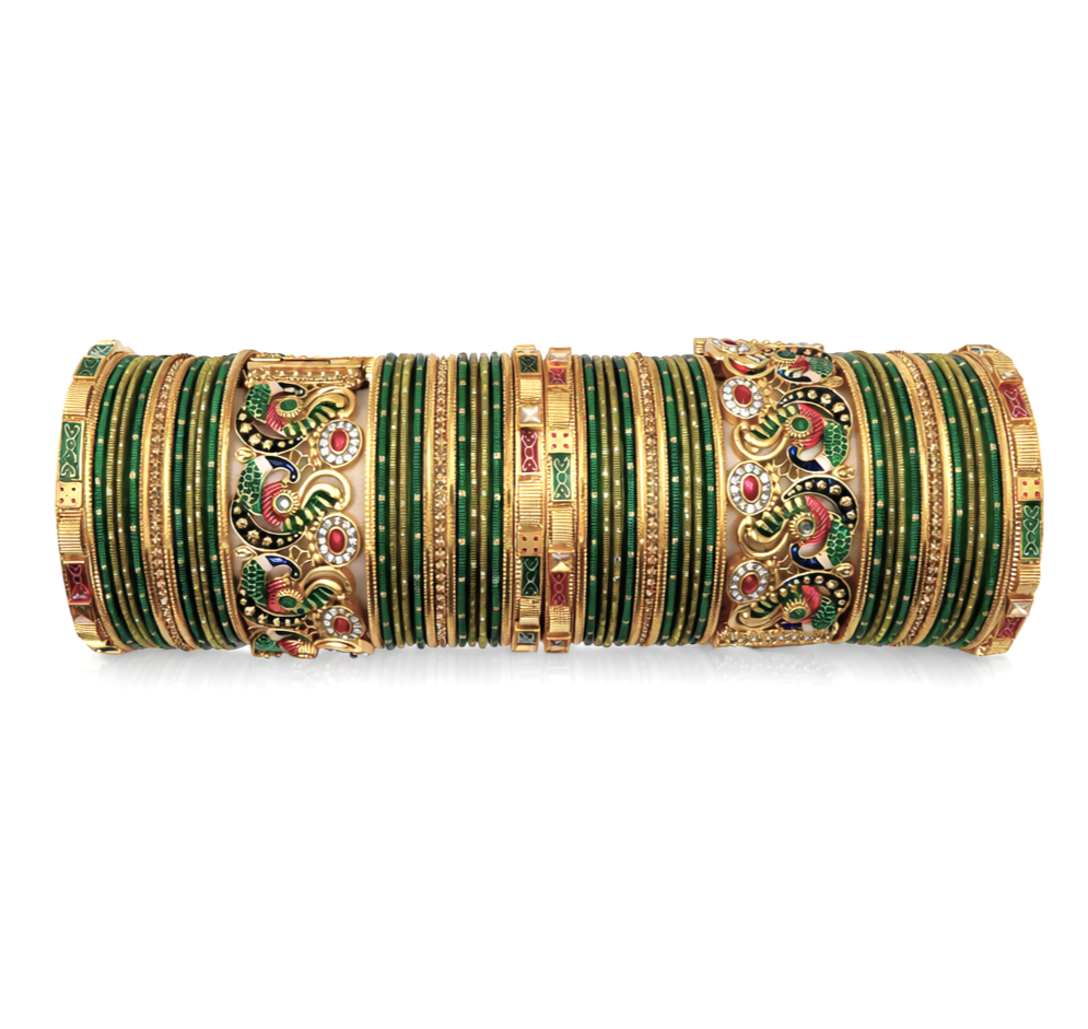 Designer Green Mehendi Peacock Stone Meenakari Bangle Set by Enava