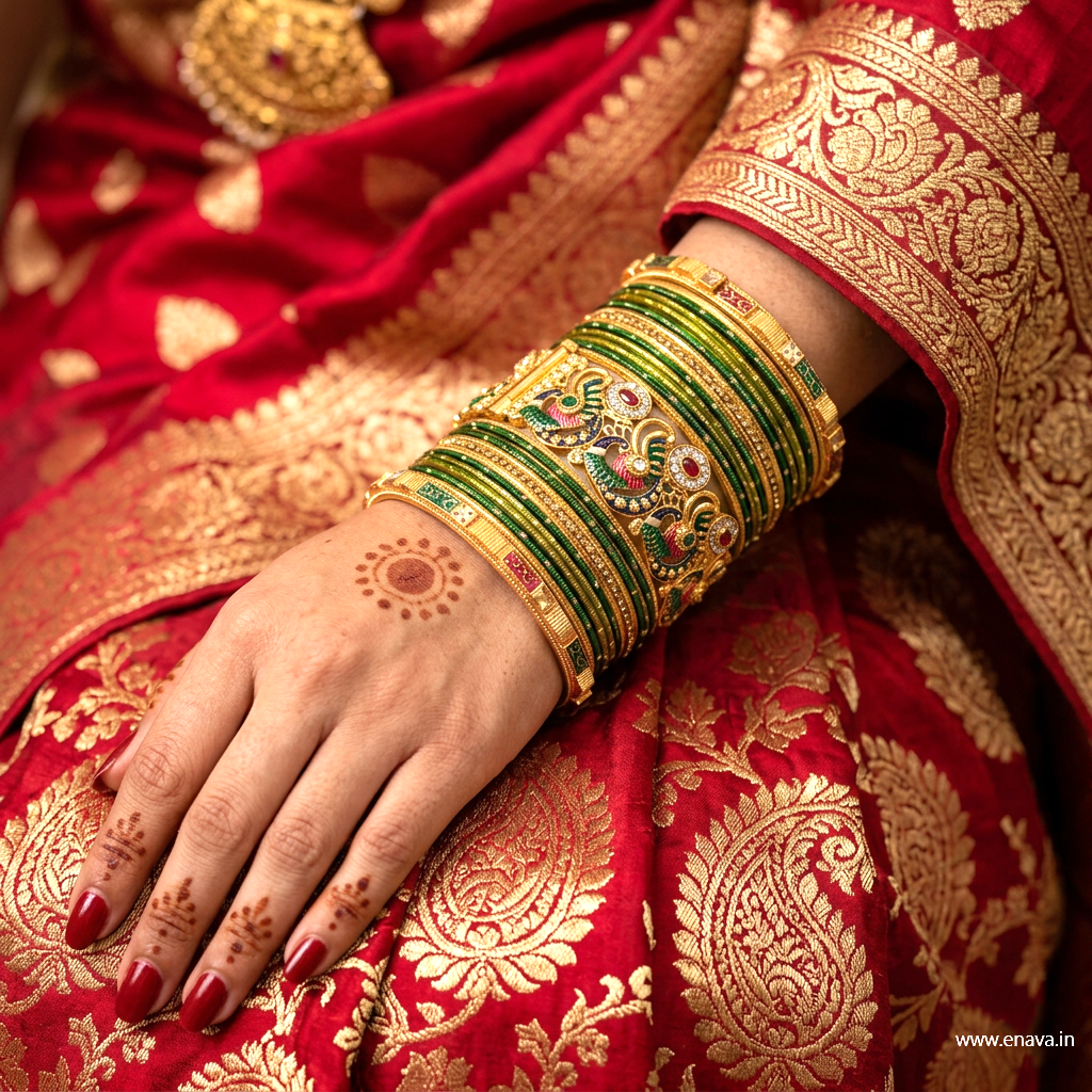 Designer Green Mehendi Peacock Stone Meenakari Bangle Set by Enava