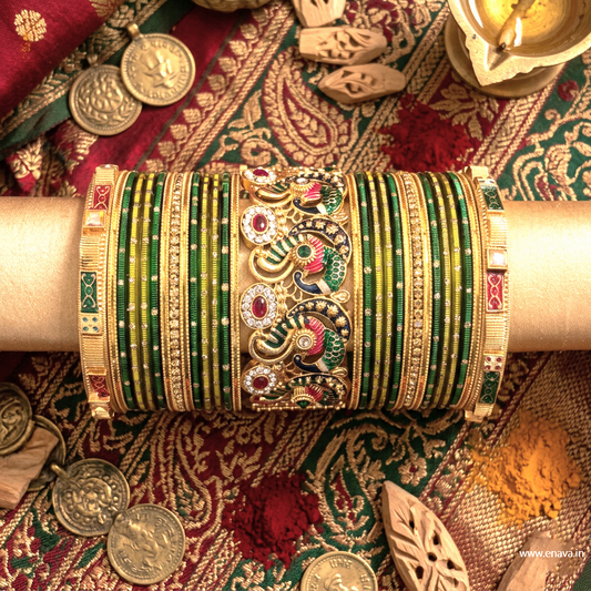 Designer Green Mehendi Peacock Stone Meenakari Bangle Set by Enava
