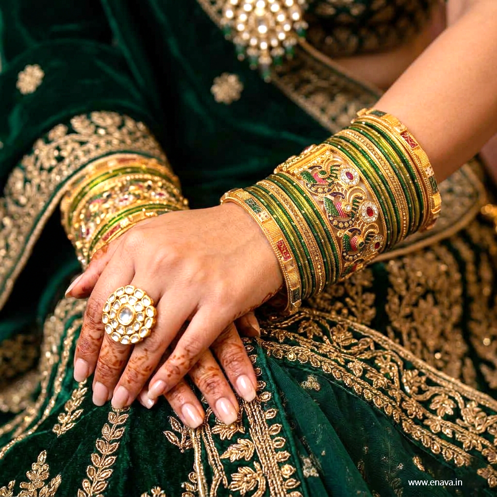 Designer Green Mehendi Peacock Stone Meenakari Bangle Set by Enava