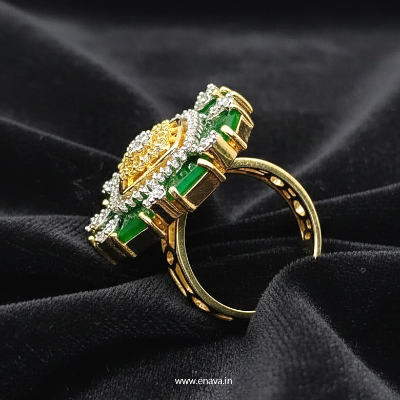 AD CZ Adjustable Finger Ring Emerald Green Gold Plating by Enava Ring Enava Jewels.