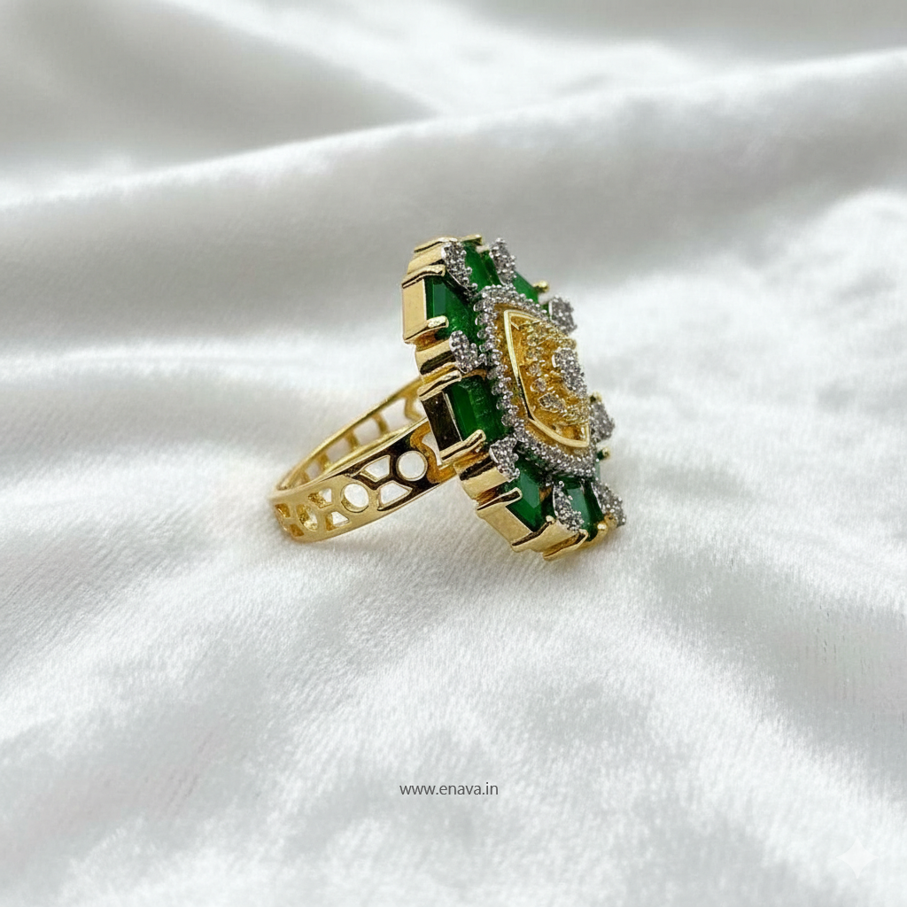 AD CZ Adjustable Finger Ring Emerald Green Gold Plating by Enava Ring Enava Jewels.