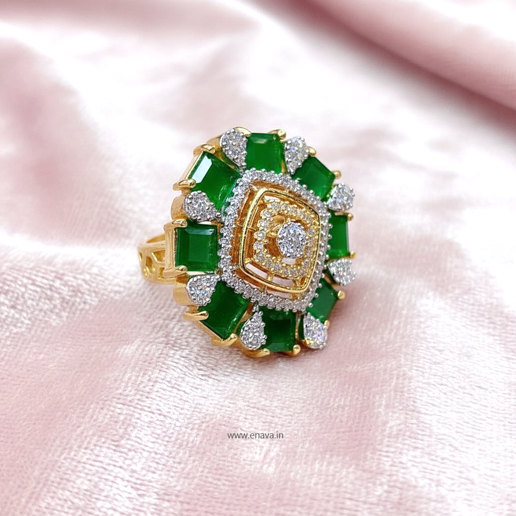 AD CZ Adjustable Finger Ring Emerald Green Gold Plating by Enava Ring Enava Jewels.