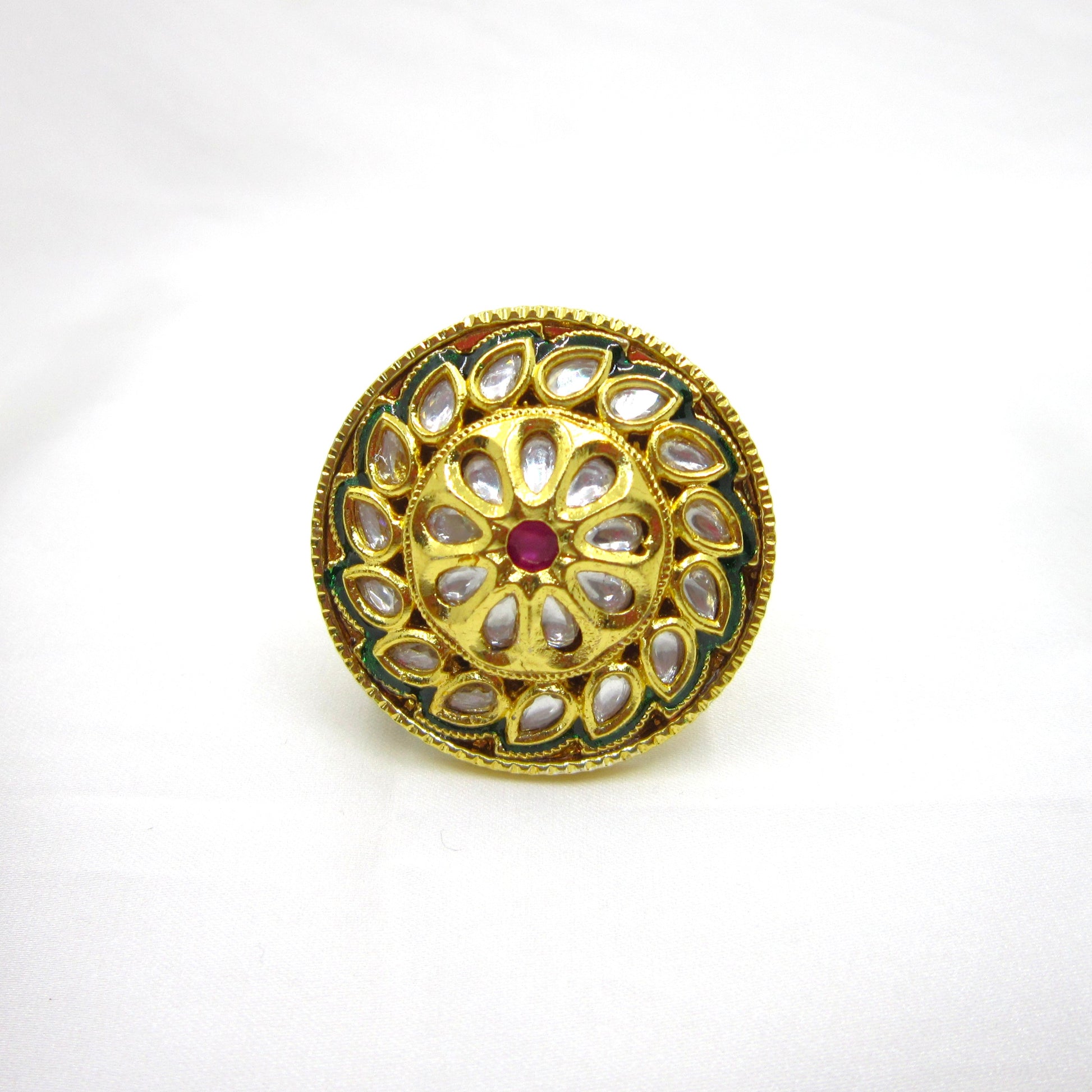 Green Meenakari Heritage Kundan Gold Ring by Enava featuring traditional teardrop Kundan stones, intricate green meenakari detailing, ruby-inspired centre stone, high gold finish, adjustable ethnic statement ring for weddings, festive wear, and traditional Indian jewellery.