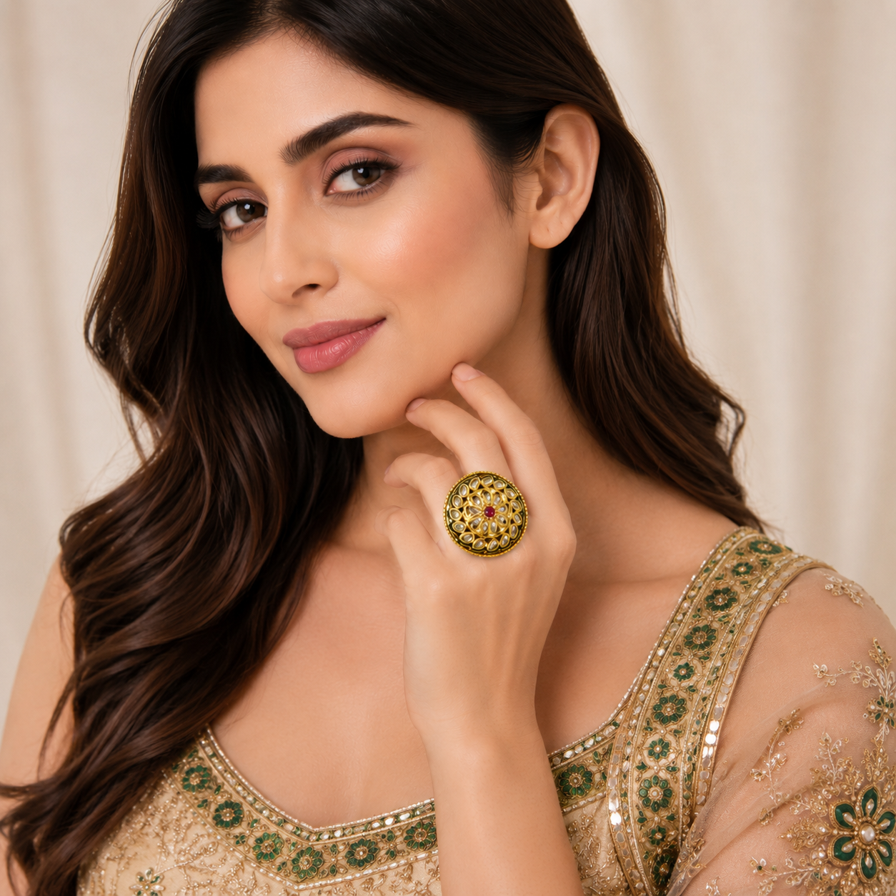 Green Meenakari Heritage Kundan Gold Ring by Enava featuring traditional teardrop Kundan stones, intricate green meenakari detailing, ruby-inspired centre stone, high gold finish, adjustable ethnic statement ring for weddings, festive wear, and traditional Indian jewellery.
