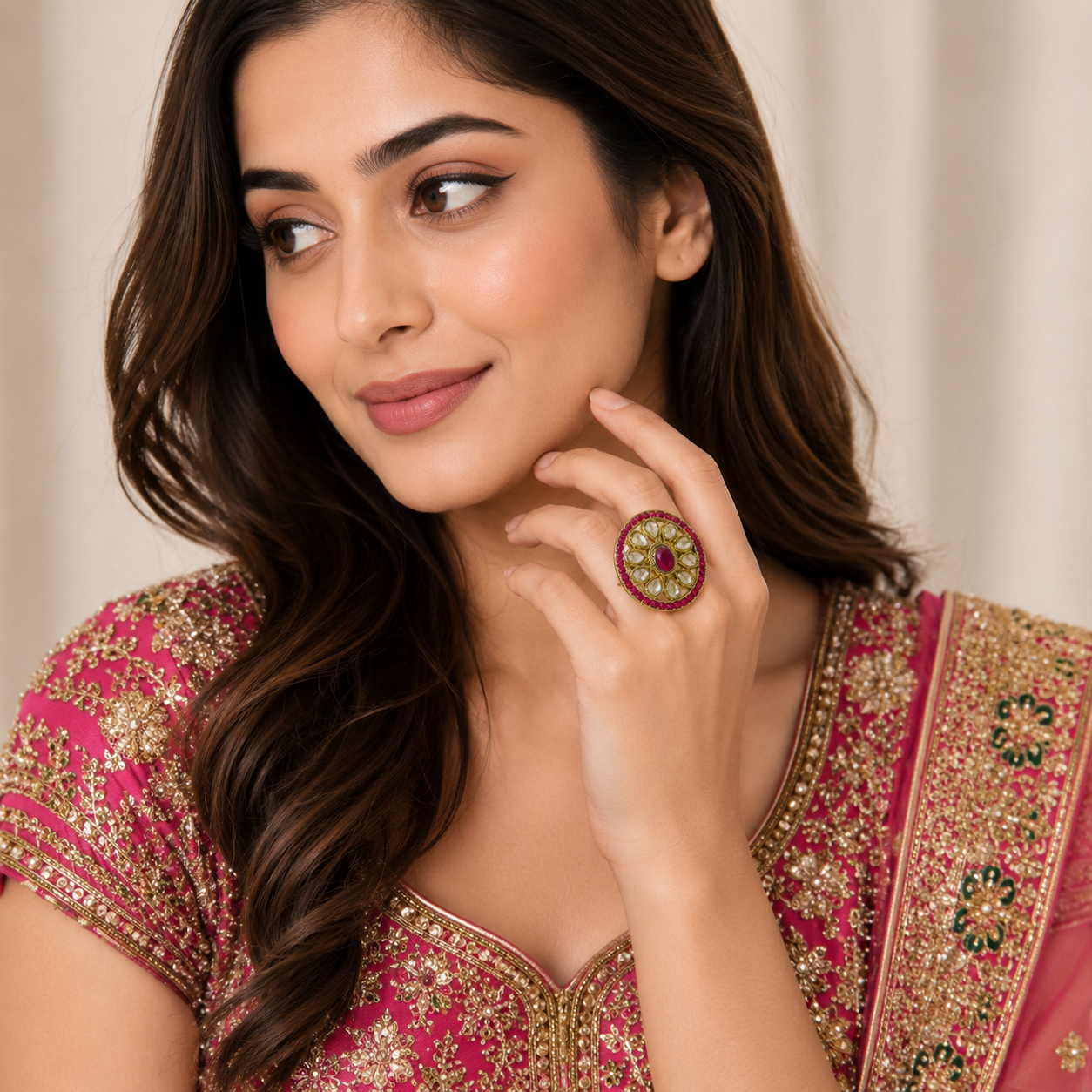 Gulmohar Heritage Ruby Pink Antique Finish Ring by Enava featuring white uncut Polki-style stones, ruby pink centre stone, antique gold finish, adjustable ethnic statement ring for weddings, festive and traditional occasions.