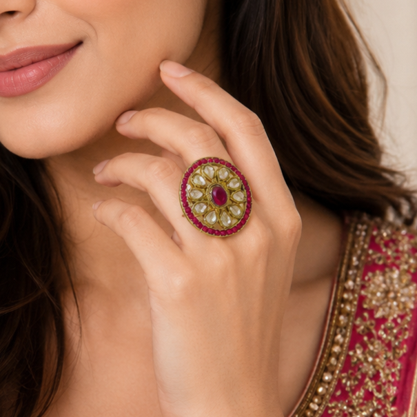 A close-up lifestyle shot of a woman wearing an ornate oval ring on her finger. The ring features a central red stone surrounded by a halo of white stones and a border of red stones, set in a gold-toned metal.