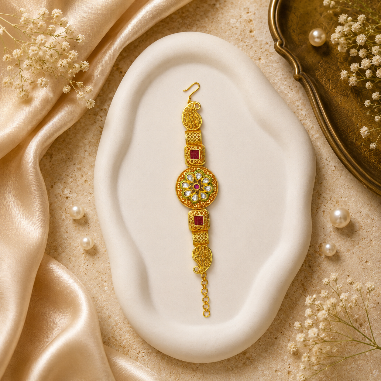 An ornate gold-toned traditional Indian bracelet with red and green stone accents, displayed on a white ceramic dish surrounded by champagne silk, pearls, and dried flowers.
