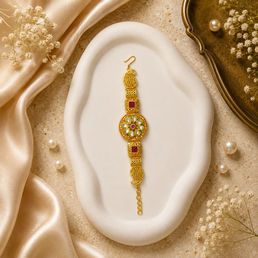 An ornate gold-toned traditional Indian bracelet with red and green stone accents, displayed on a white ceramic dish surrounded by champagne silk, pearls, and dried flowers.
