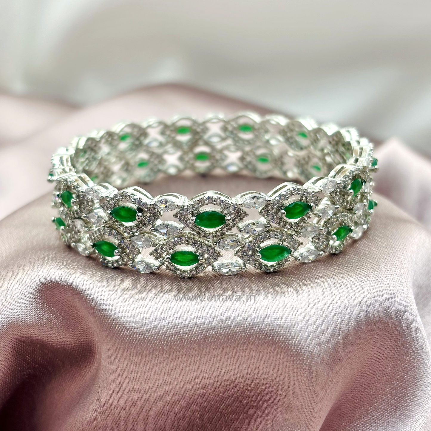 AD Green Stone CZ Bangles with Rhodium Plating ADBG11002 by Enava