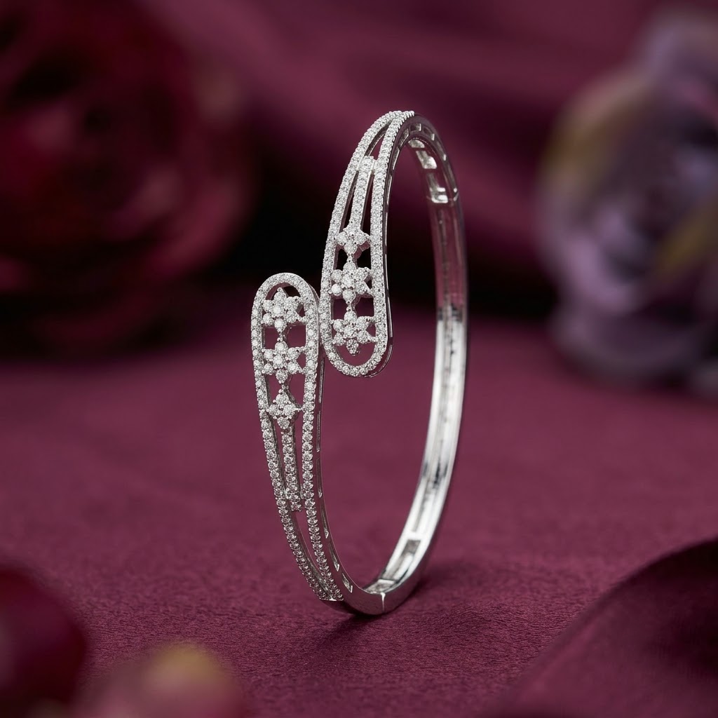Indique AD Bracelet with sparkling American Diamond stones and silver rhodium plating, slim elegant designer bracelet for women by ENAVA.