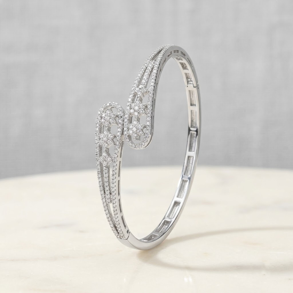 Indique AD Bracelet with sparkling American Diamond stones and silver rhodium plating, slim elegant designer bracelet for women by ENAVA.