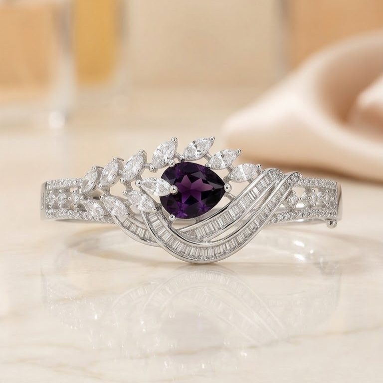 Ishaara AD Purple Bracelet with a striking purple center stone and sparkling American Diamond detailing, elegant designer bracelet for women by ENAVA.