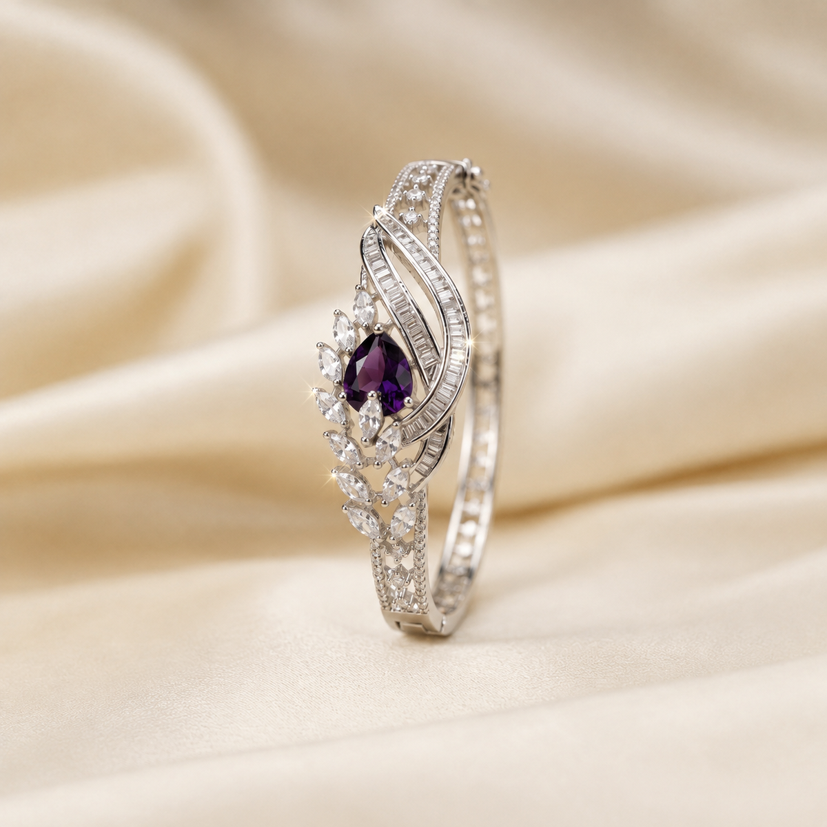 Ishaara AD Purple Bracelet with a striking purple center stone and sparkling American Diamond detailing, elegant designer bracelet for women by ENAVA.