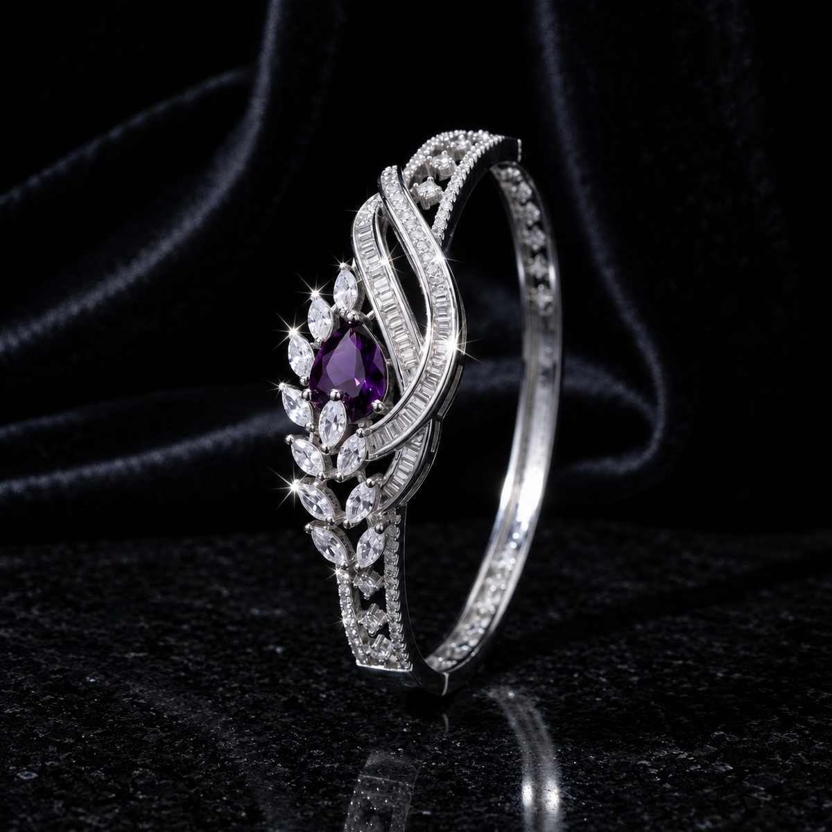 Ishaara AD Purple Bracelet with a striking purple center stone and sparkling American Diamond detailing, elegant designer bracelet for women by ENAVA.
