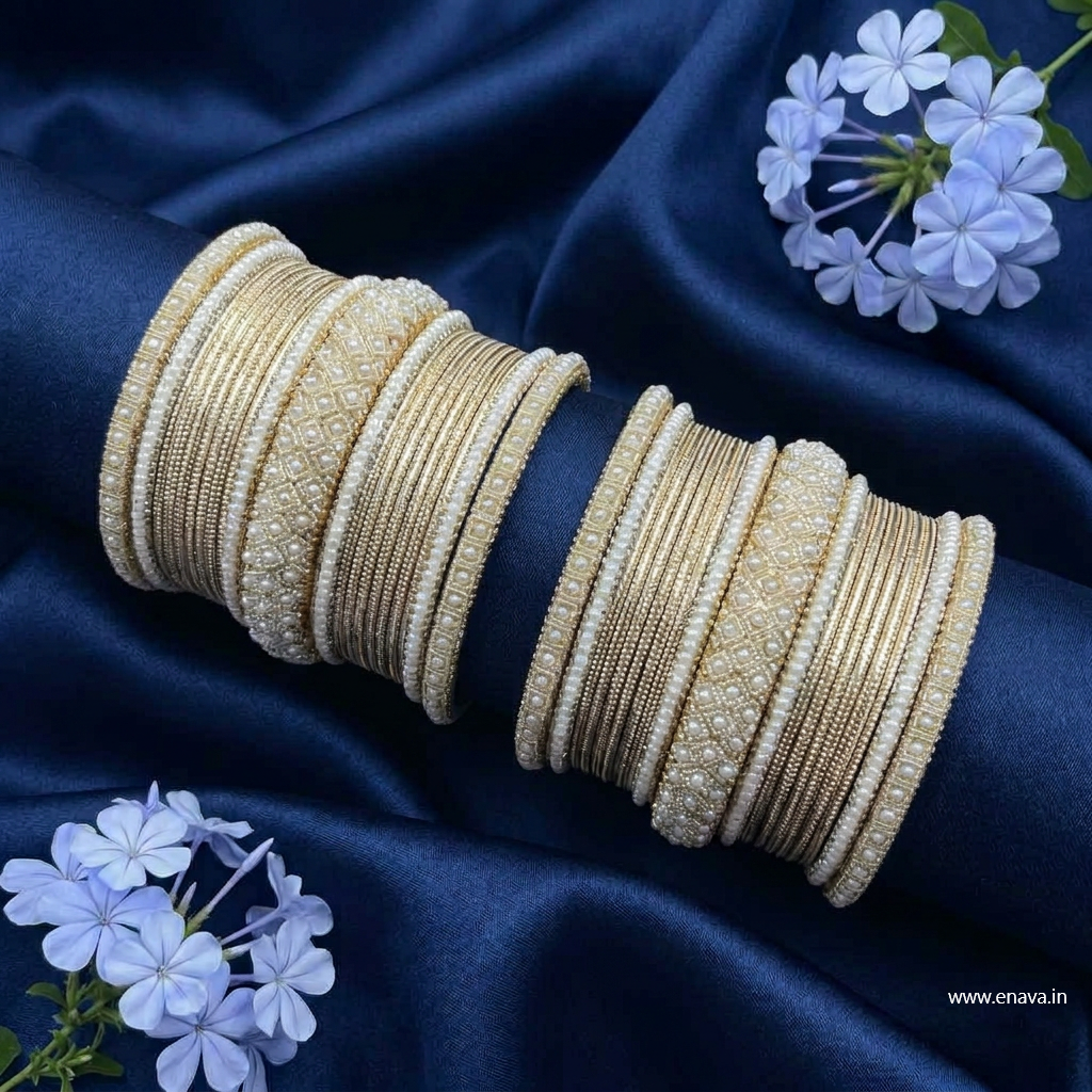 Ivory Pearl Golden Cream Designer Bangle Set  by Enava
