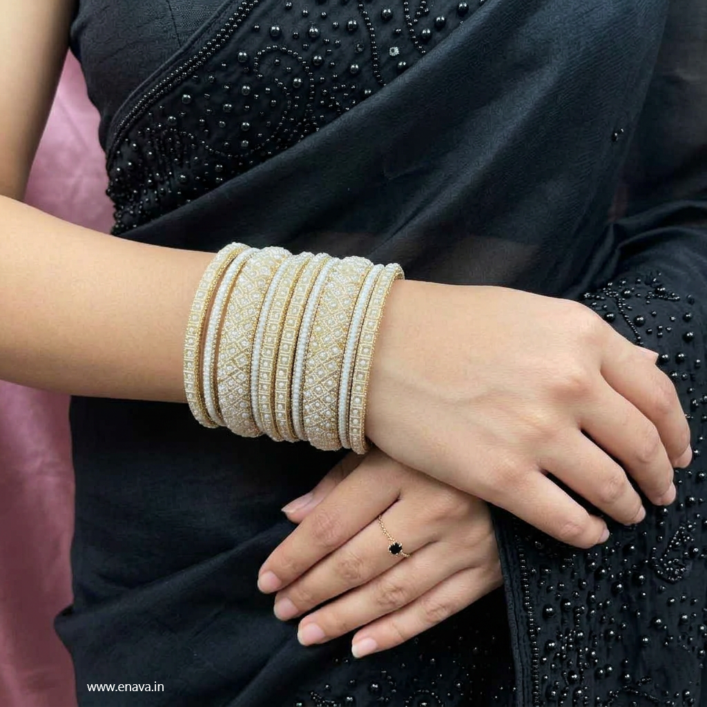 Ivory Pearl Golden Cream Designer Bangle Set  by Enava
