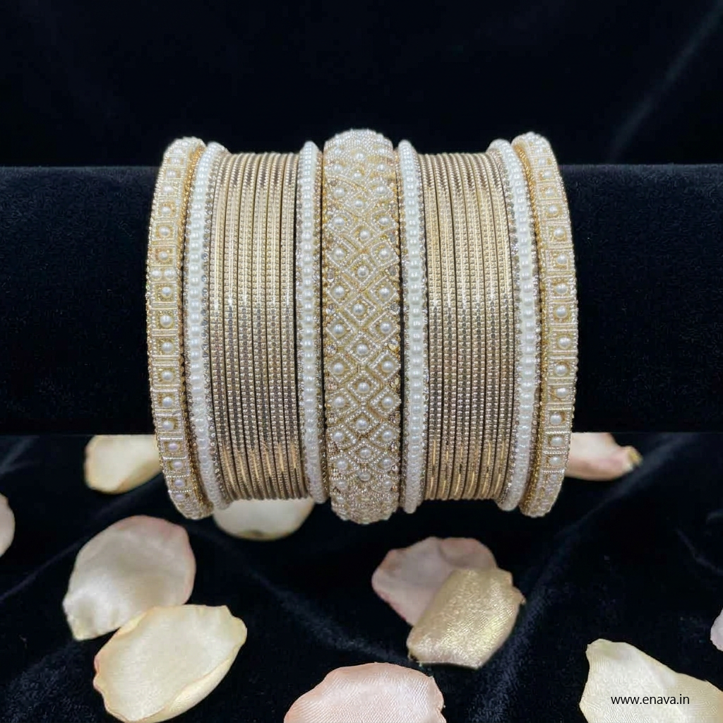 Ivory Pearl Golden Cream Designer Bangle Set  by Enava