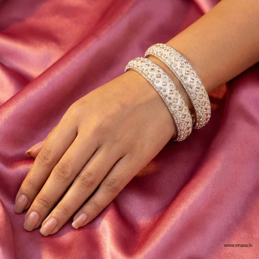 Ivory White Pearl & Kundan Single Diamond Stone Kada Bangles by Enava