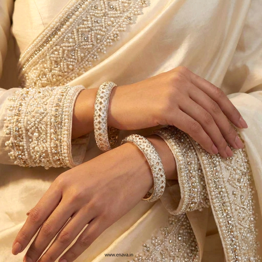 Ivory White Pearl & Kundan Single Diamond Stone Kada Bangles by Enava