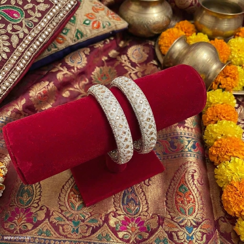 Ivory White Pearl & Kundan Single Diamond Stone Kada Bangles by Enava