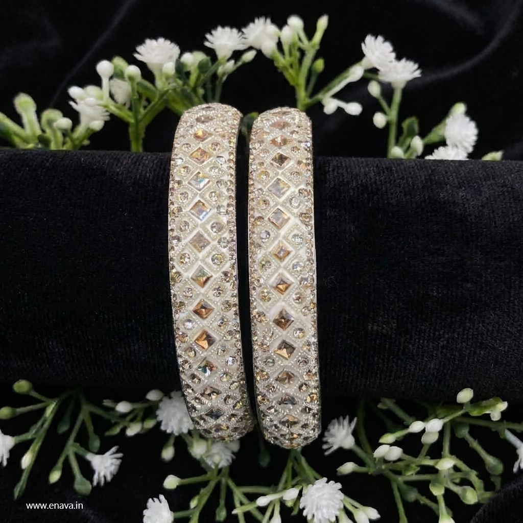 Ivory White Pearl & Kundan Single Diamond Stone Kada Bangles by Enava