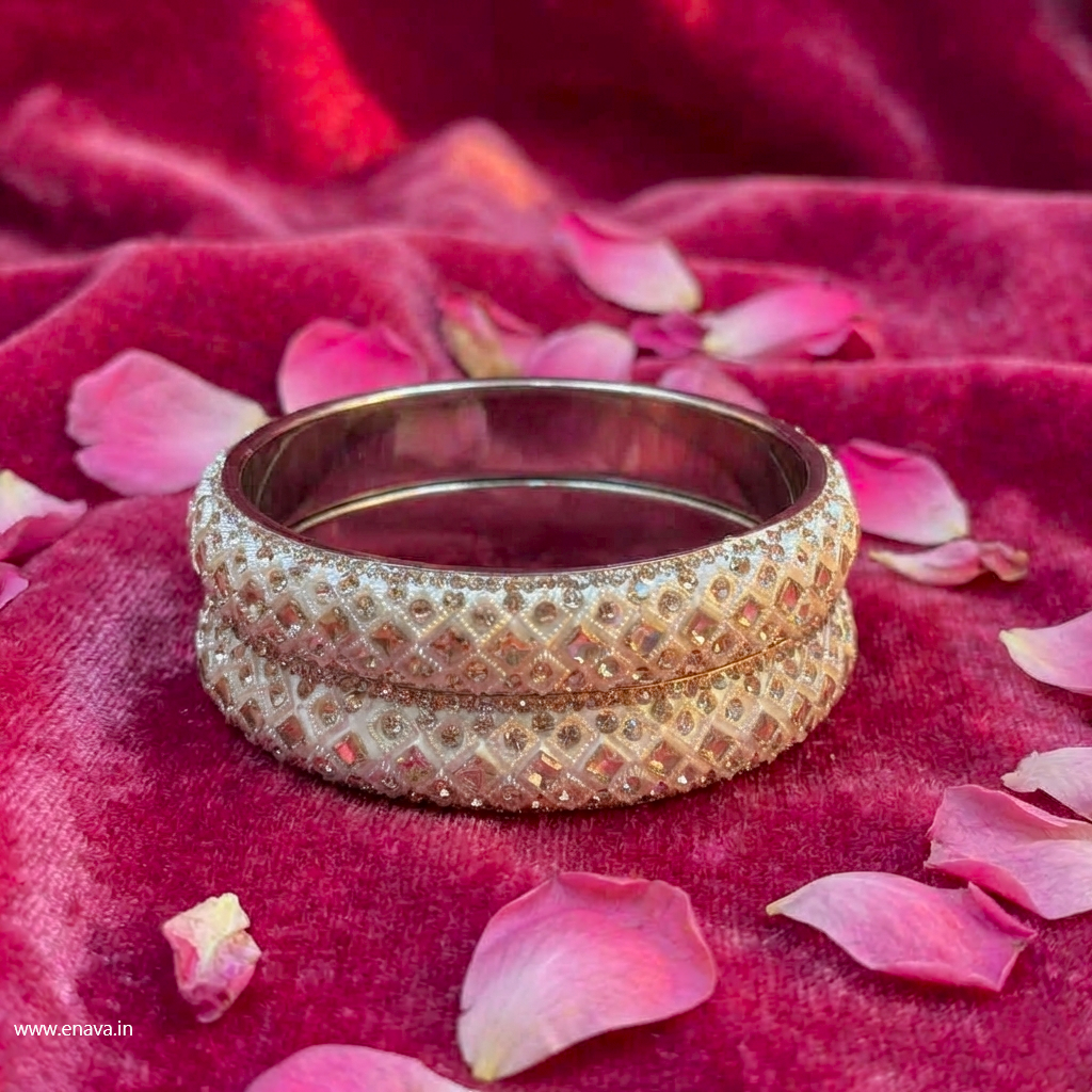 Ivory White Pearl & Kundan Single Diamond Stone Kada Bangles by Enava