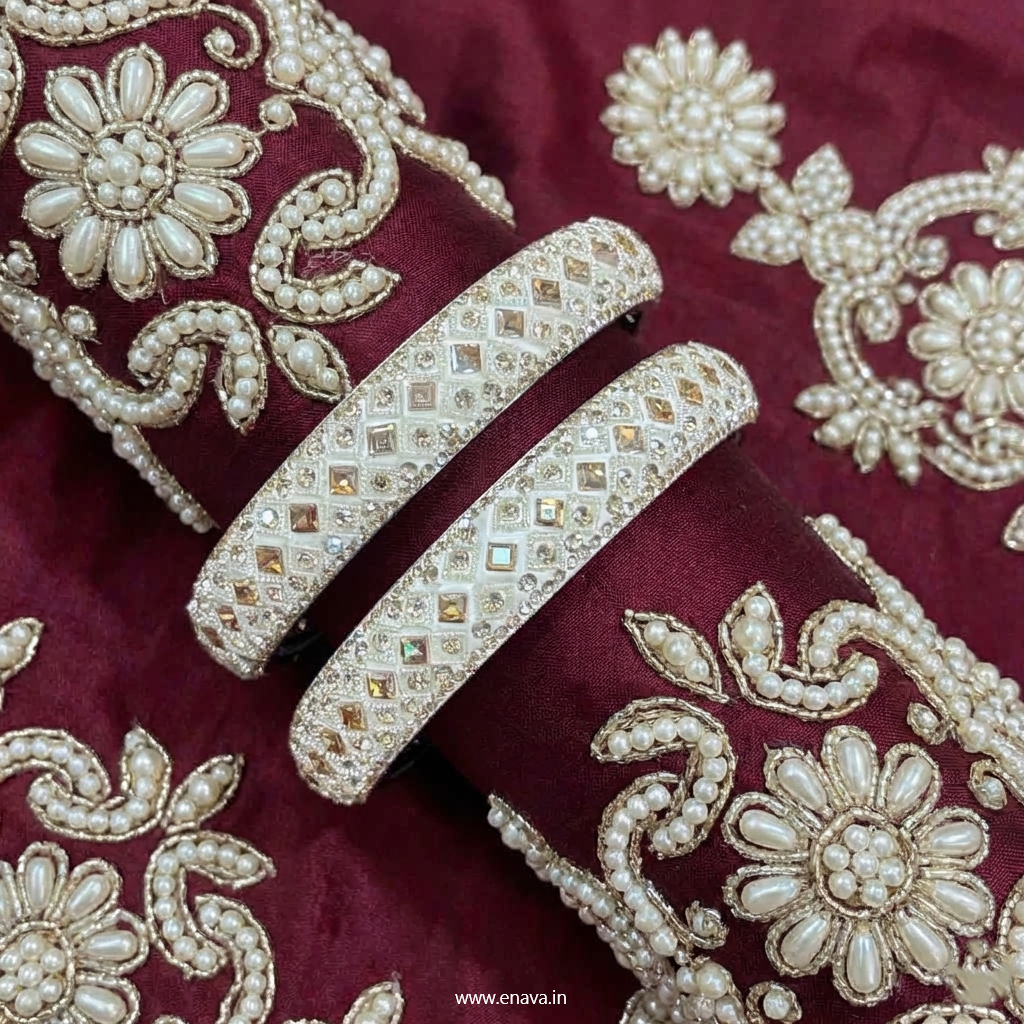 Ivory White Pearl & Kundan Single Diamond Stone Kada Bangles by Enava